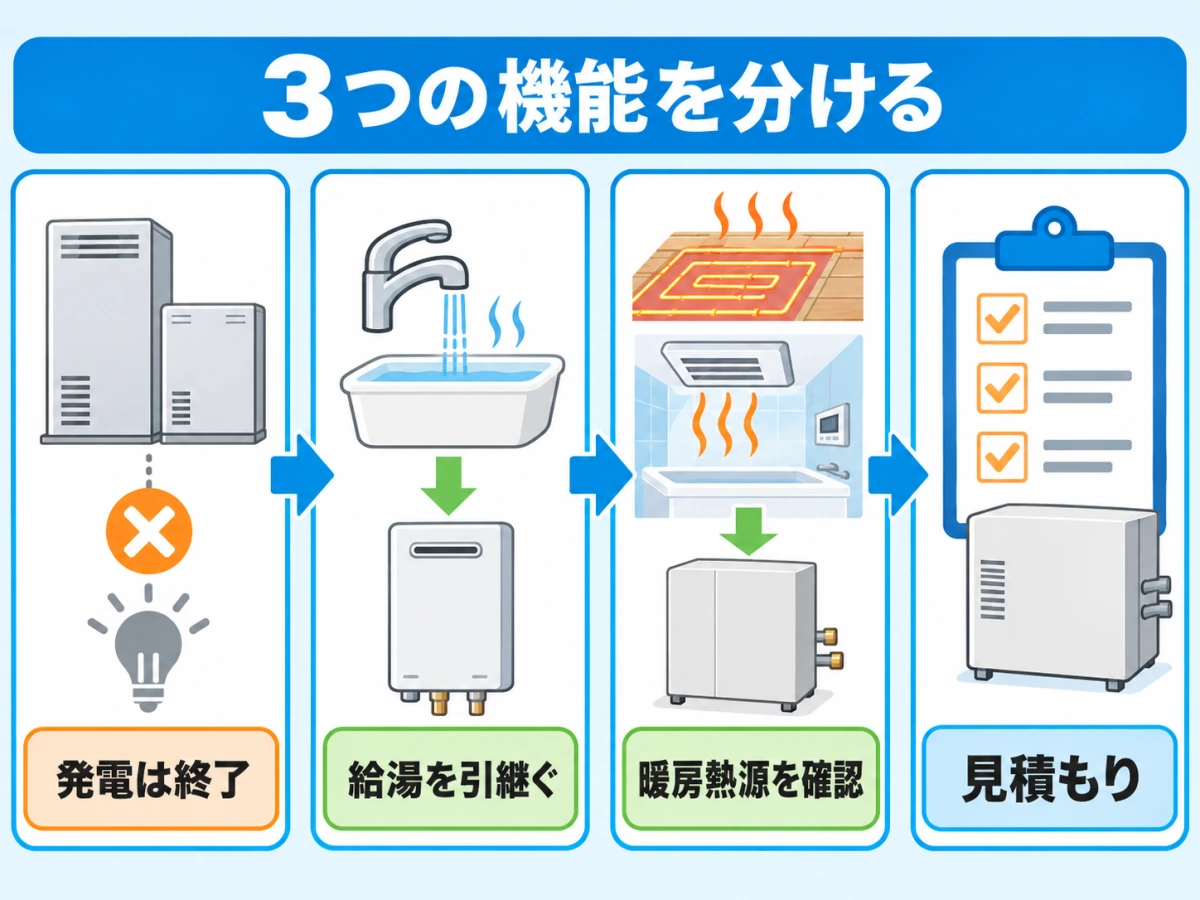 エコウィル撤去後に発電・給湯・温水暖房の機能を分けて見積もる判断図