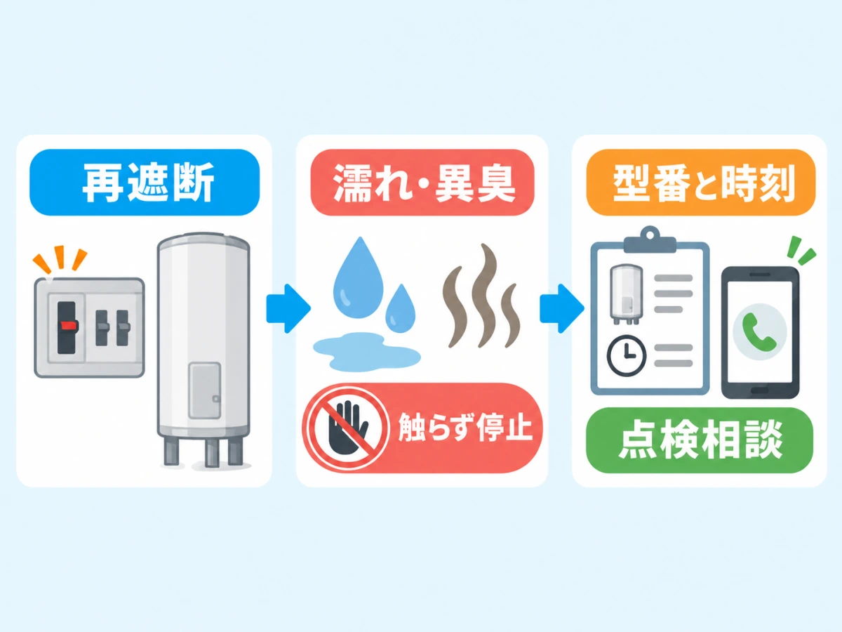 電気温水器の再遮断や濡れ・異臭を確認し、触らずに型番と時刻を控えて点検相談する流れ