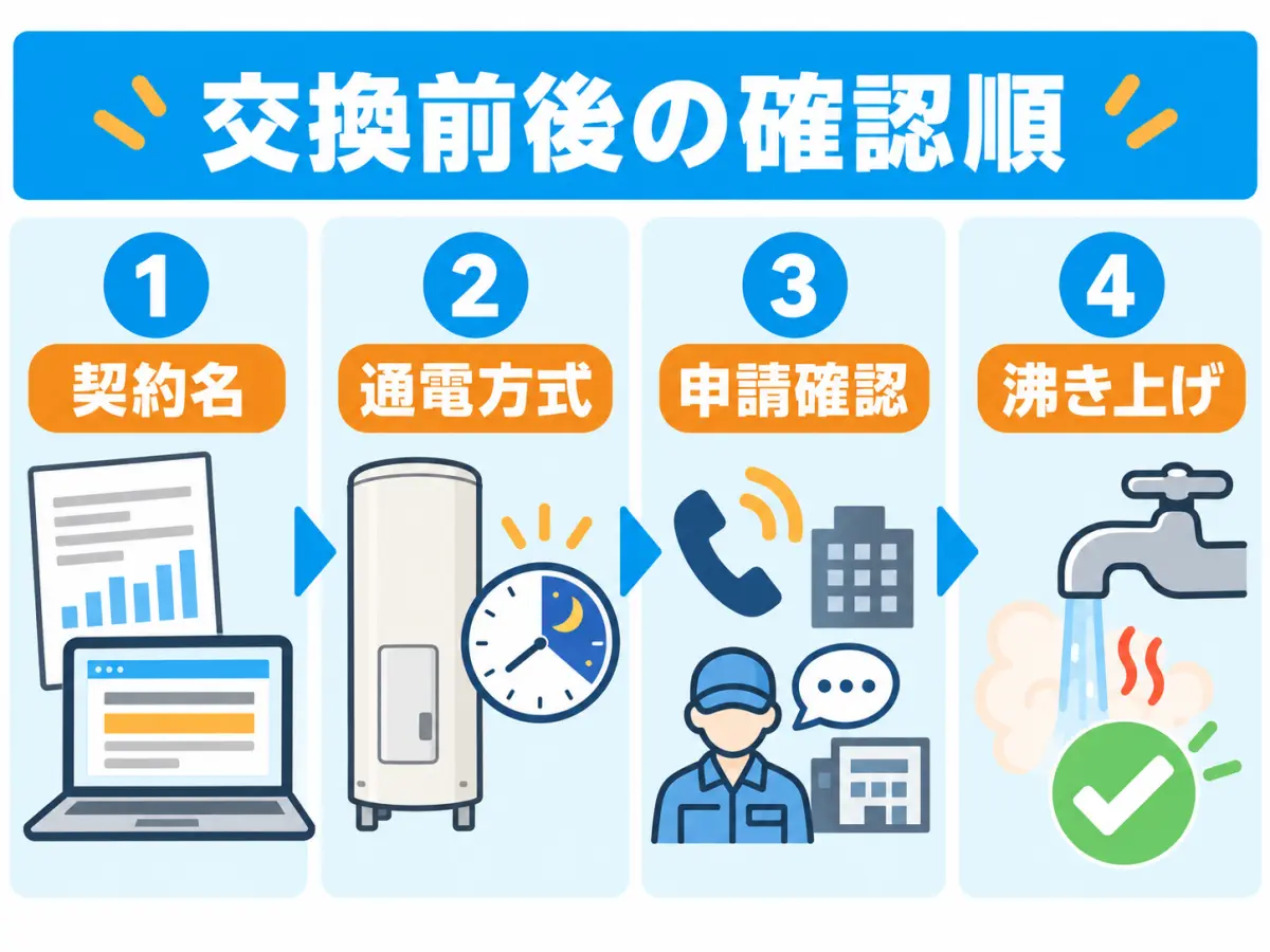 電気温水器交換前後に契約名・通電方式・申請・沸き上げを順に確認する図