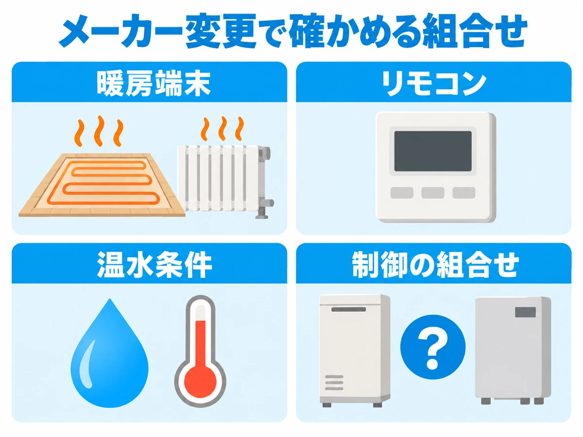メーカー変更時に暖房端末、リモコン、温水条件、制御の組合せを確認する図