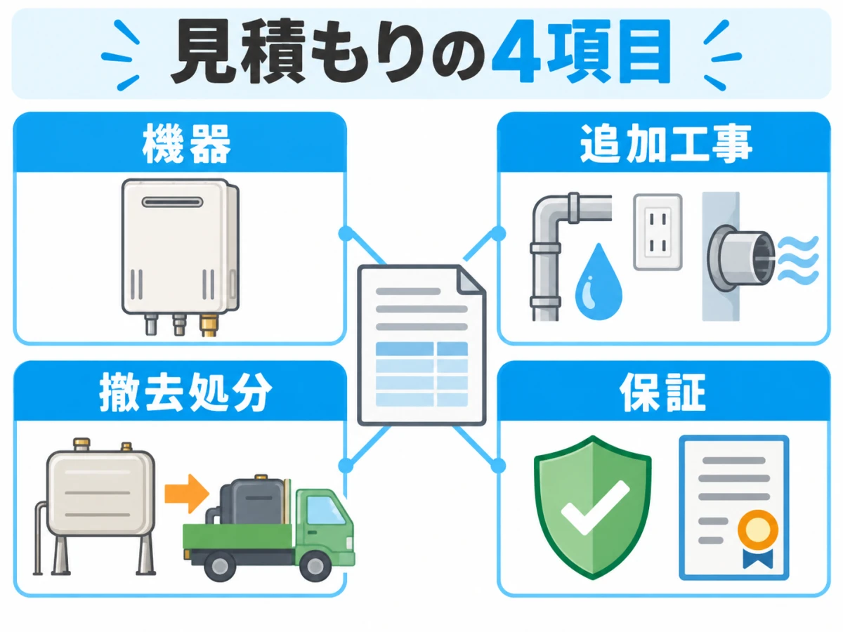 石油給湯器からガス給湯器への変更見積もりを機器・追加工事・撤去処分・保証に分ける図