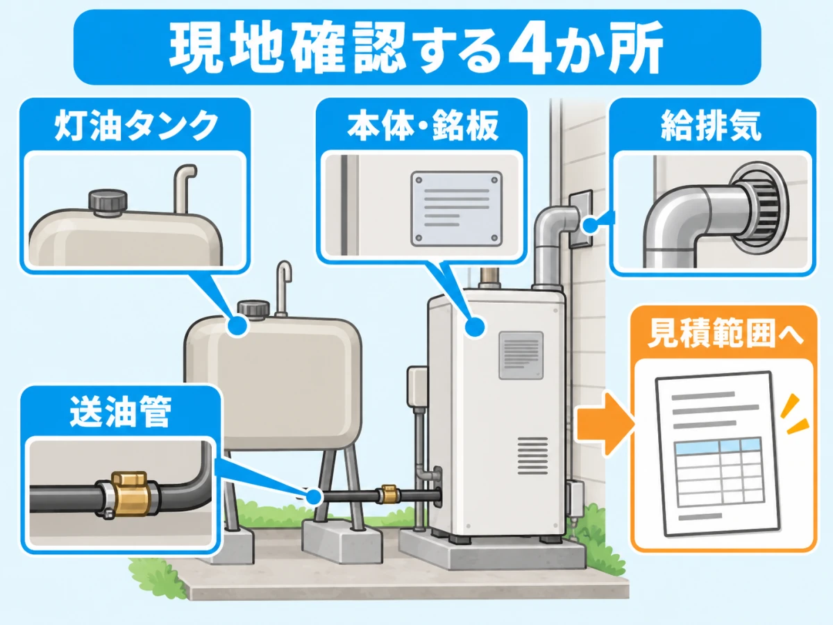 石油給湯器交換の現地調査で本体・銘板、灯油タンク、送油管、給排気を見積範囲へ入れる図