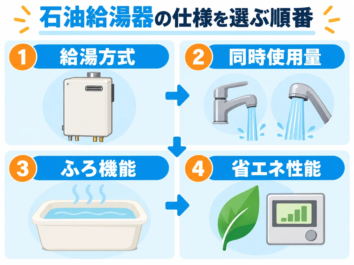 石油給湯器を給湯方式、同時使用量、ふろ機能、省エネ性能の順に選ぶ4つの判断軸