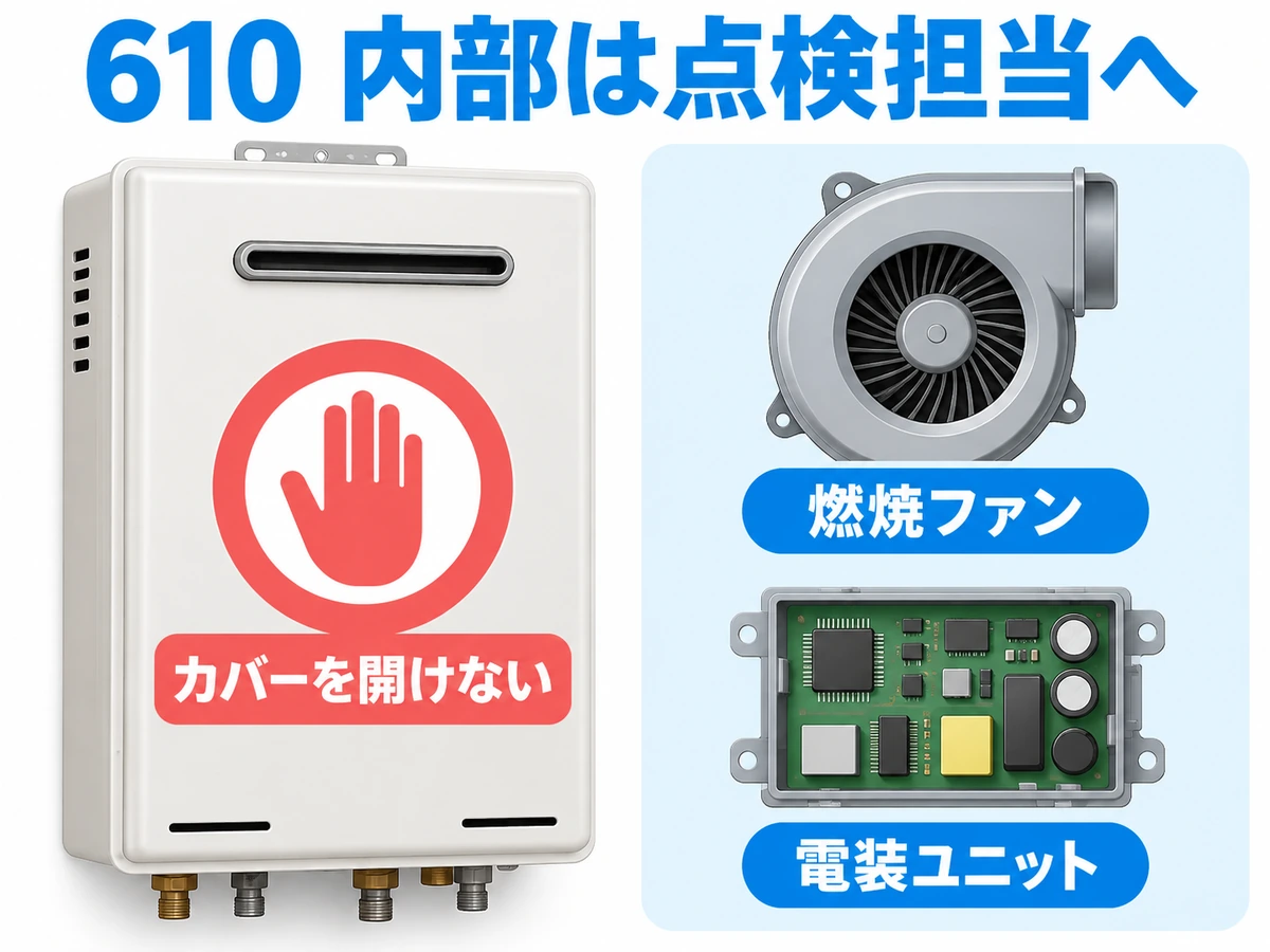給湯器のカバーは開けず、燃焼ファンや電装ユニットは点検担当者へ任せる