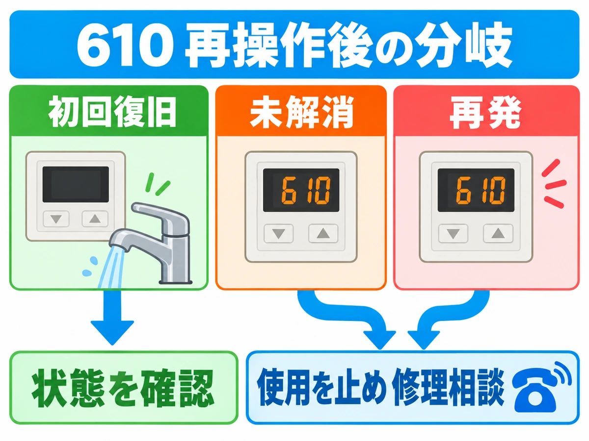 610の再操作後、初回復旧は状態確認、未解消と再発は使用を止め修理相談へ進む分岐