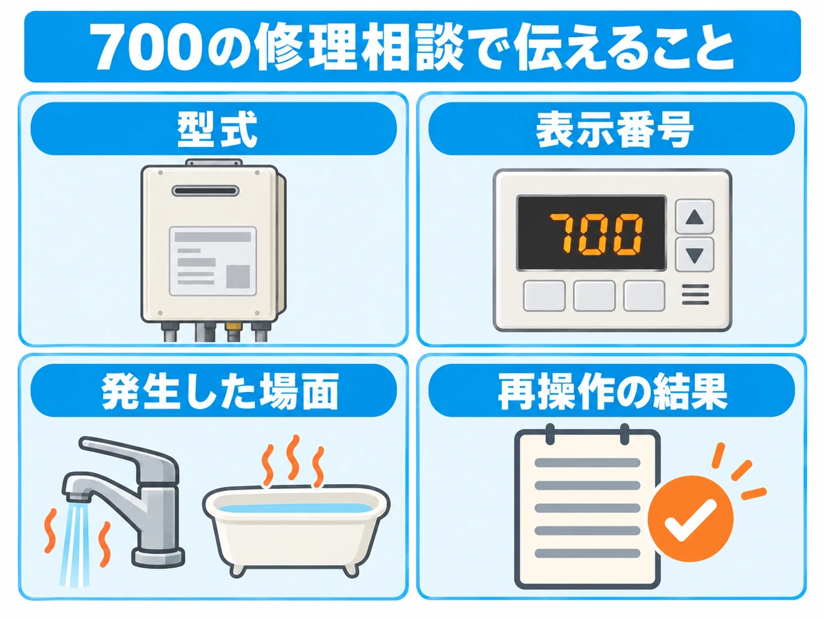 700の修理相談に必要な本体型式、表示番号、発生場面、再操作の結果