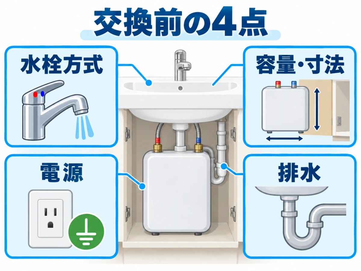 小型電気温水器の交換前に水栓方式、容量と寸法、電源、排水の4点を確認する図