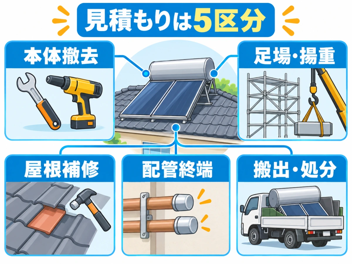 太陽熱温水器の撤去見積もりを本体・足場・屋根・配管・処分の5区分で示す図