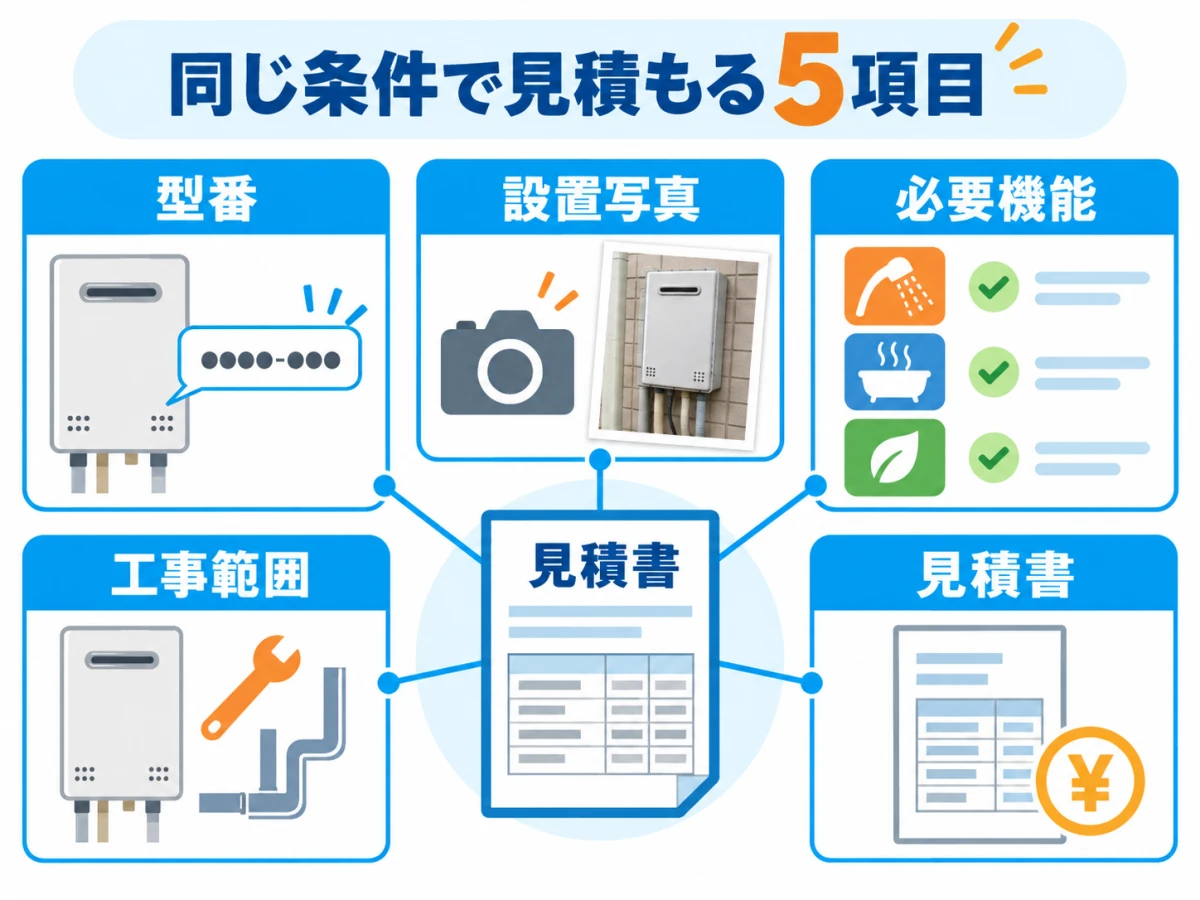給湯器交換を同じ条件で見積もるための型番・設置写真・必要機能・工事範囲・見積書