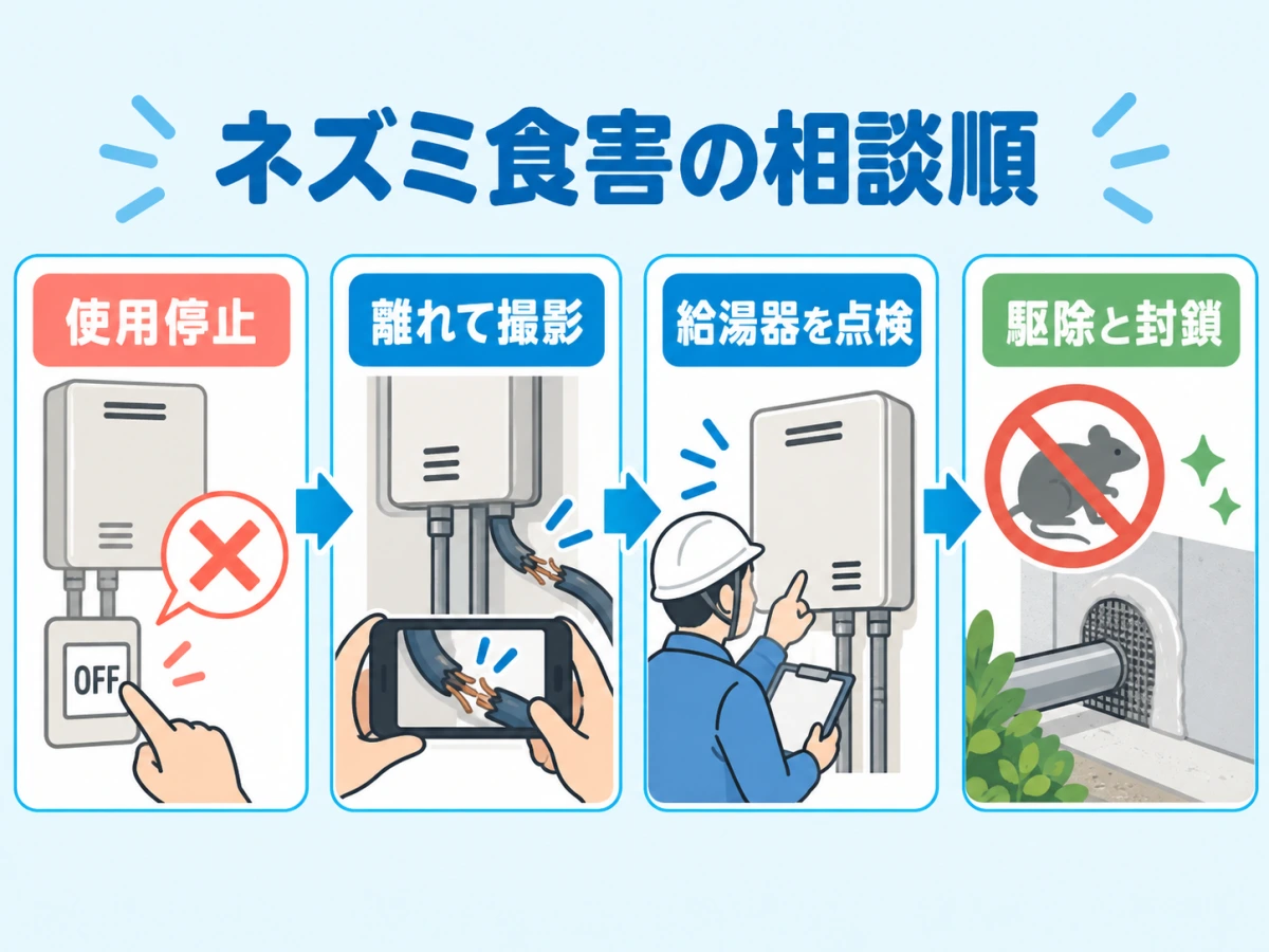 ネズミによる給湯器配線の食害を見つけた後の使用停止、撮影、点検、駆除の順序