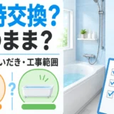 浴室リフォーム時に給湯器を同時交換するかを10年・追いだき・工事範囲で比べるイメージ