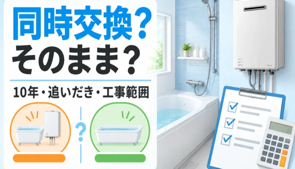 浴室リフォーム時に給湯器を同時交換するかを10年・追いだき・工事範囲で比べるイメージ