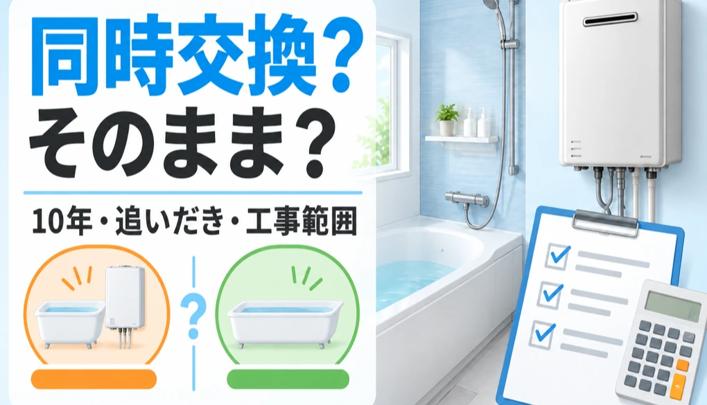 浴室リフォーム時に給湯器を同時交換するかを10年・追いだき・工事範囲で比べるイメージ
