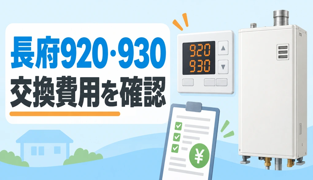 長府エコフィールの920・930表示と中和器交換費用の確認を示すイメージ