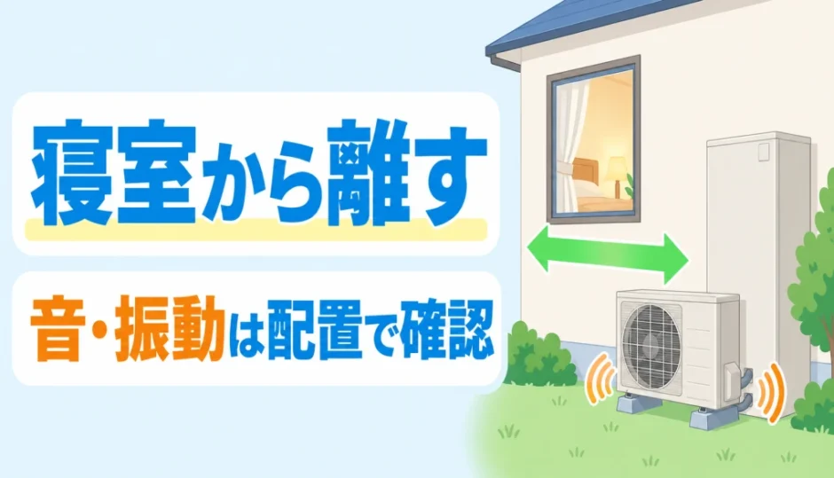 エコキュートのヒートポンプを寝室の窓から離して騒音と振動を確認する図
