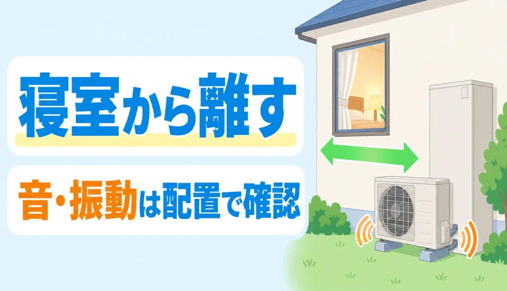 エコキュートのヒートポンプを寝室の窓から離して騒音と振動を確認する図