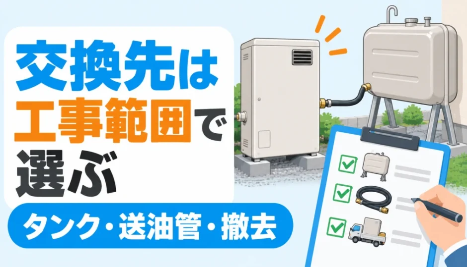石油給湯器の交換先を灯油タンク・送油管・撤去までの工事範囲で選ぶイメージ