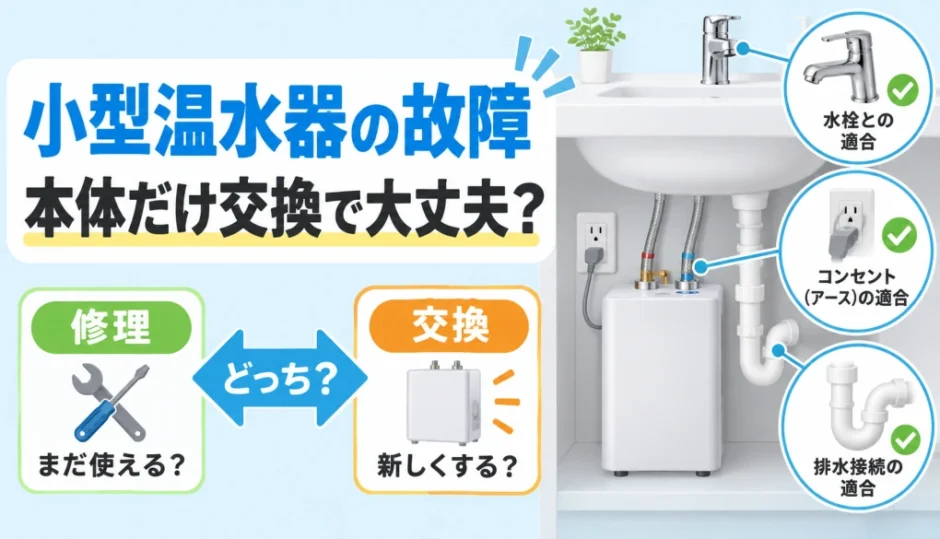 洗面台下の小型電気温水器を修理か交換か判断し、水栓・電源・排水の適合も確認するイメージ