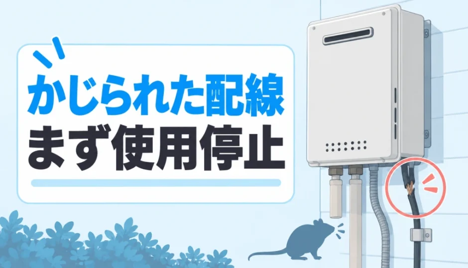 ネズミにかじられた給湯器の配線と使用停止を示す図